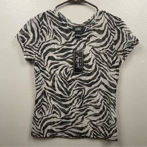 NWT Just Polly short sleeve mesh shirt zebra print white black scoop neck